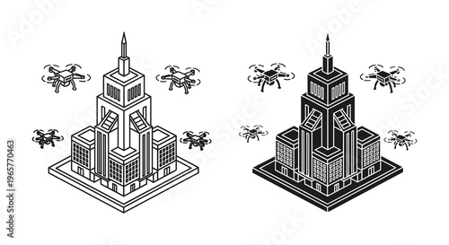 Isometric smart city skyscraper with delivery drones, futuristic urban architecture vector set, black and white line art building icons