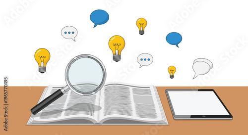 Flat 2D illustration of a magnifying glass on an open book with speech bubbles and a tablet for World Press Freedom Day concept