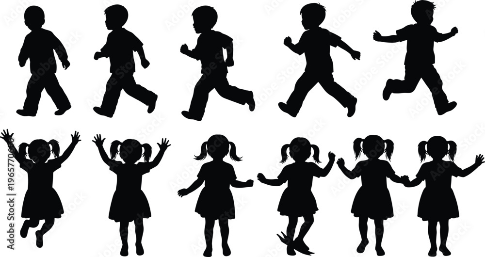 Fototapeta premium Set of children silhouettes running jumping and playing, boys and girls in motion, playful activity collection, childhood energy, isolated vector style on white background