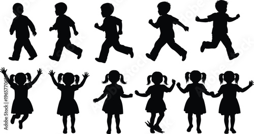 Set of children silhouettes running jumping and playing, boys and girls in motion, playful activity collection, childhood energy, isolated vector style on white background