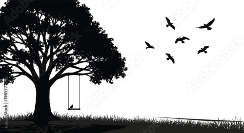 Silhouette of a Large Oak Tree with an Empty Swing at Sunset, Flock of Birds Flying in White Sky over Grass Field Illustration.