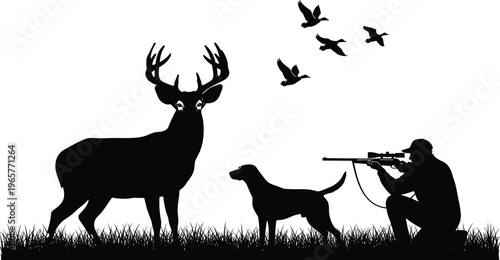 Canvas Print Silhouette of a hunter with rifle and dog in tall grass aiming at a trophy buck