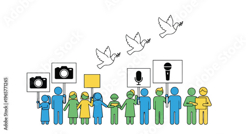 Flat 2D illustration of a diverse group of people holding signs for media, freedom, and protest with white doves flying above them against a clean white background.