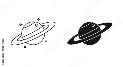 Minimalist Saturn planet icon set, black and white celestial vector graphics, astronomical ringed planet symbols for science and space education