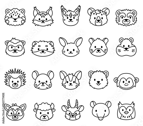 Cute kawaii animal face set featuring manul lynx caracal hyena wolverine ferret weasel jerboa gerbil hamster porcupine chinchilla possum quokka