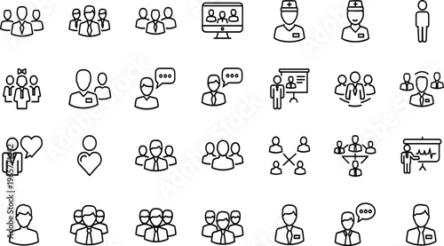 Line icons of people teamwork, communication, collaboration, professional roles, presentations, empathy, and virtual meetings in business and organizational contexts