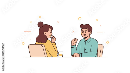 Two young adults in conversation at a cafe