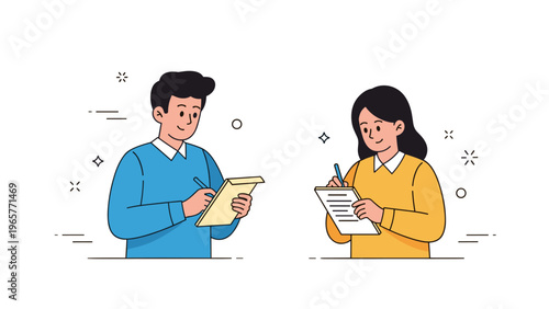 Young caucasian male and female illustrations taking notes in casual attire