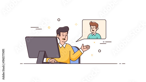 Cartoon male characters video conference on computer