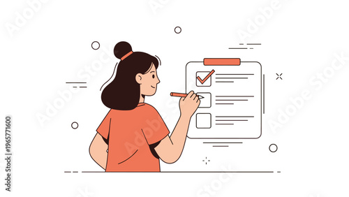 Female asian young adult checking task list in minimalist illustration