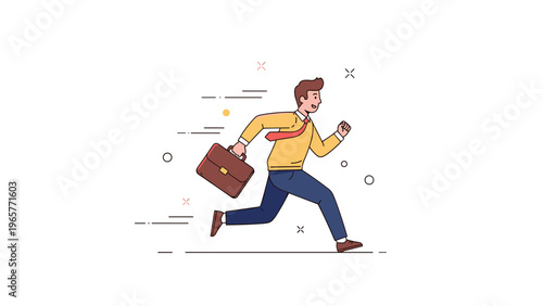 Animated young caucasian male running with briefcase in business attire