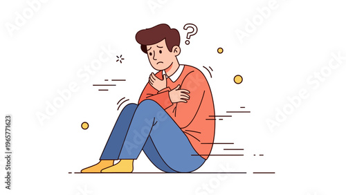 Anxious young caucasian male character sitting and hugging knees