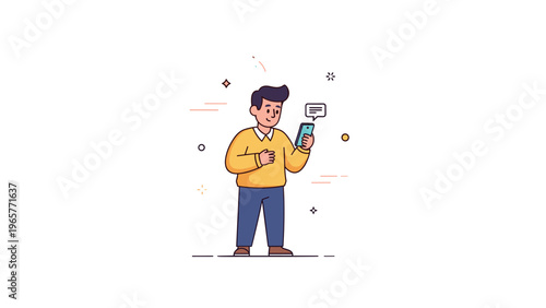 Young caucasian male cartoon character holding smartphone smiling