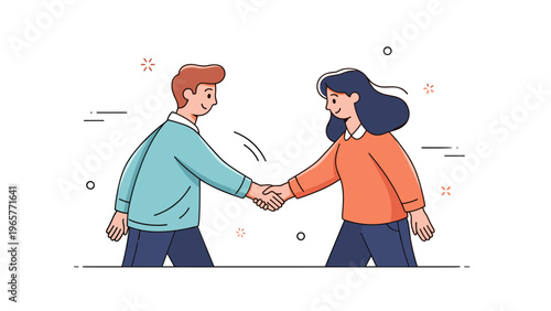 Cartoon illustration of caucasian male and female shaking hands in friendly gesture