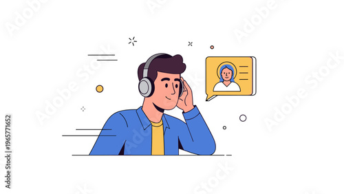 Young caucasian male listening to music with headphones while video calling