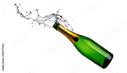 A champagne bottle is tilted, spewing liquid, with a metallic gold neck. The liquid appears as droplets. The background is black