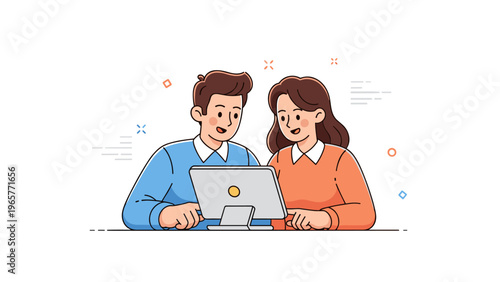 Animated young caucasian couple using laptop together in illustration