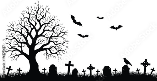 Spooky Halloween graveyard silhouette background with a creepy dead tree flying bats and a raven perched on tombstones in a dark misty cemetery landscape