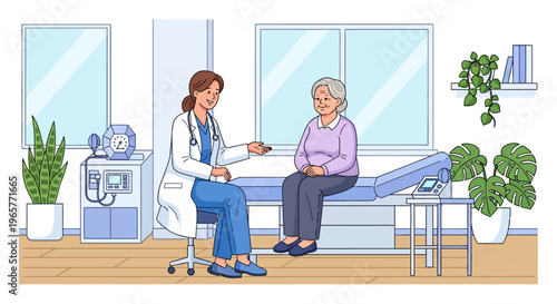Doctor Consulting Senior Woman in Modern Clinic