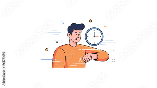 Young caucasian male checking time on wristwatch with clock in background