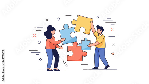 Teamwork concept: diverse people solving puzzle together in vibrant colors
