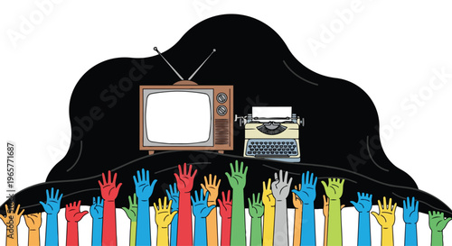 Flat 2D illustration of raised hands in various colors with a television and typewriter on a black silhouette background representing media freedom and protest.