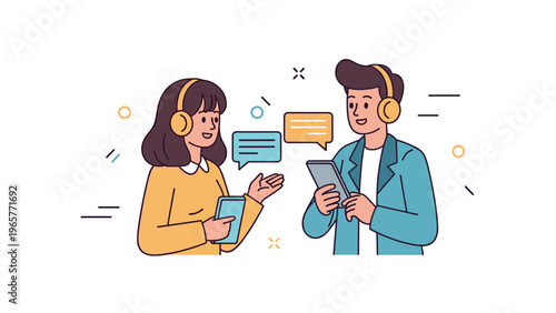 Cartoon young adults using devices and headphones for communication