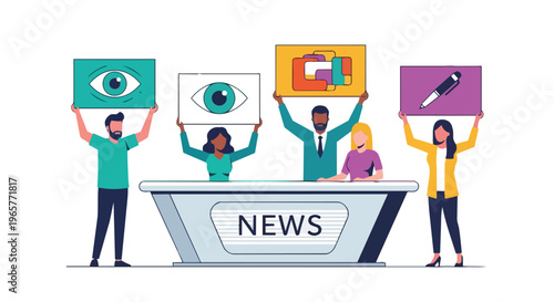 Flat 2D illustration of diverse people holding media and freedom protest signs behind a news desk with a colorful graphic design on each sign against a clean white background.