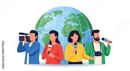 Flat 2D illustration of four journalists with microphones and cameras standing in front of a globe on World Press Freedom Day, concept of media and communication.