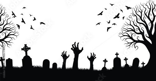 Spooky Halloween graveyard silhouette with zombie hands rising from the ground, eerie dead trees, flying crows, and tombstones under a misty white sky background.