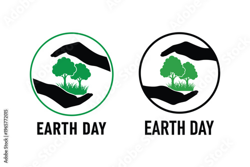 Two creative earth day logo designs featuring stylized trees held within protective human hands Vector