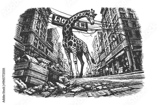 Black and white engraved giraffe in ruined city street, detailed line art vector illustration for prints