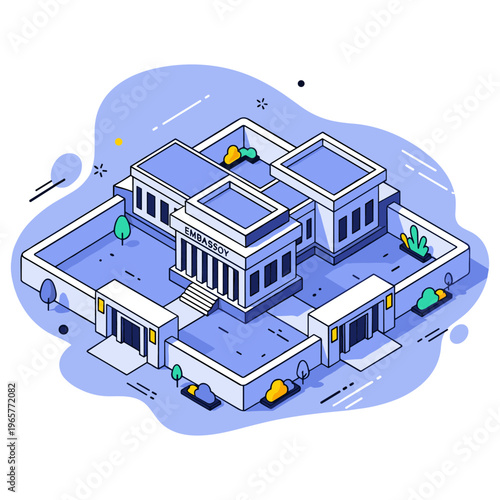 Isometric illustration of diplomatic embassy building with blue accents. No editable stroke