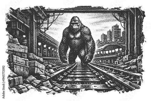 Black and white engraved gorilla in abandoned railway tunnel, detailed line art vector illustration for poster design