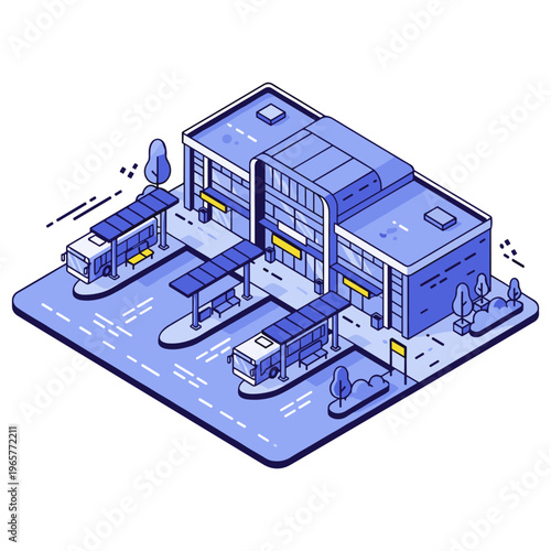 Isometric urban bus station with vehicles and minimalist design. No editable stroke