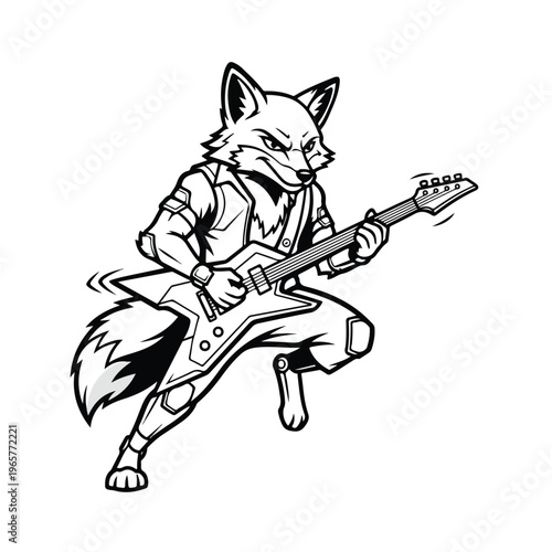 Anthropomorphic fox wearing rock outfit plays electric guitar as an animal guitar hero on a white background with a dynamic stance
