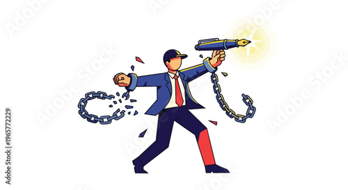 Flat 2D illustration of a businessman in a suit using a blowtorch to cut through chains, symbolizing freedom on World Press Freedom Day, against a clean white background with a bold and colorful