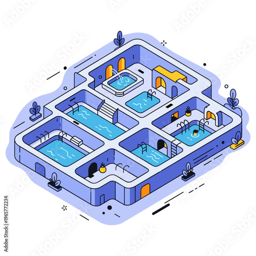 Isometric indoor swimming pool with multiple sections and minimalist design. No editable stroke