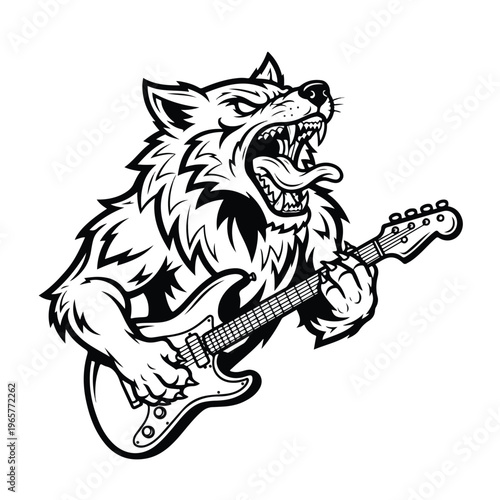 A fierce cartoon wolf plays an electric guitar as an animal guitar hero with bold lines and shading