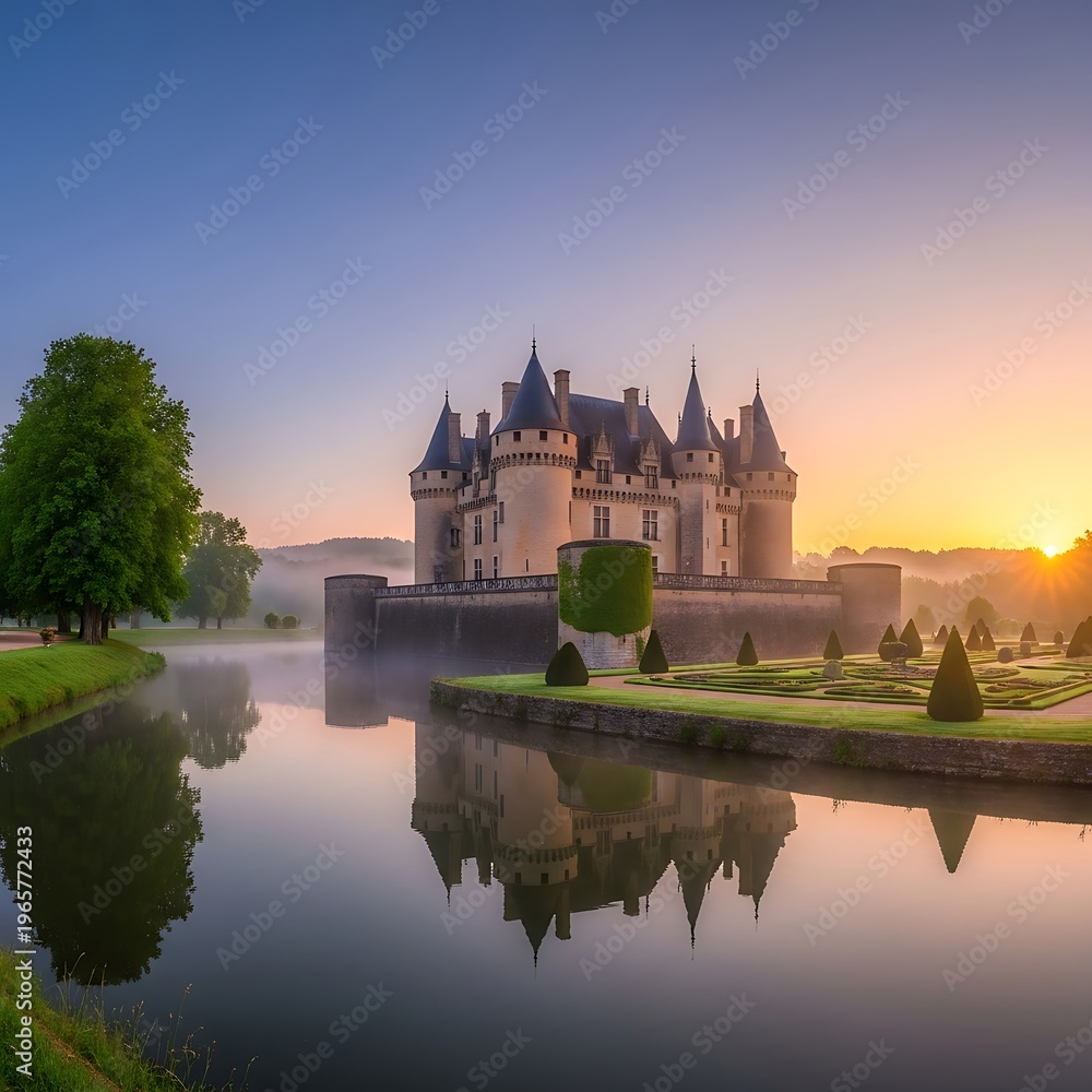 Obraz premium Majestic Castle Reflection on Serene Waters at Sunrise.