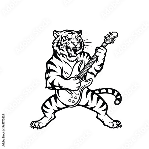 A cartoon tiger plays an electric guitar heroically in a dynamic pose on a clean white background