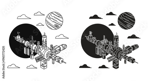 Futuristic space station vector illustration, orbital satellite base near planet Jupiter, black and white sci-fi cosmic exploration graphics