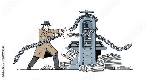 A man in a trench coat and hat breaks free from chains and a printing press on a white background, symbolizing freedom and protest against media control in a flat 2D illustration.