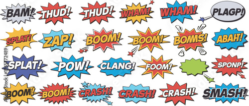 Comic book sound effect words and shapes onomatopoeia