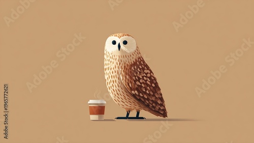 Cute Owl with Coffee Cup on Minimalist Background