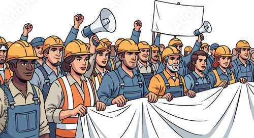Group of diverse workers in hard hats and safety gear holding a large banner and protesting with a megaphone in a flat 2D illustration with a labor union concept.