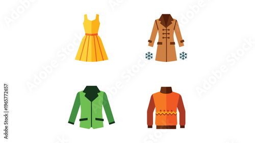 Four stylish outfits featuring dresses and coats for different seasons and occasions