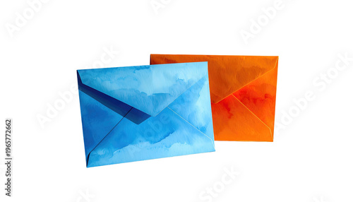 Two colorful envelopes, one blue and one orange, are arranged against a stark black backdrop, suggesting correspondence