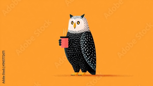 Cute Illustrative Owl Holding Coffee Mug Against Orange Background