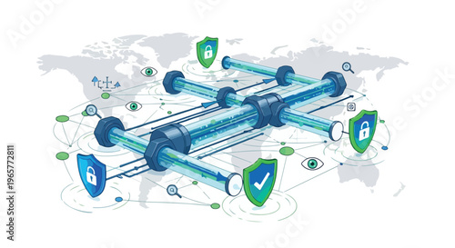 Flat 2D illustration of a cyber security concept with padlocks, shields, and data transaction symbols on a world map background, representing global financial protection.